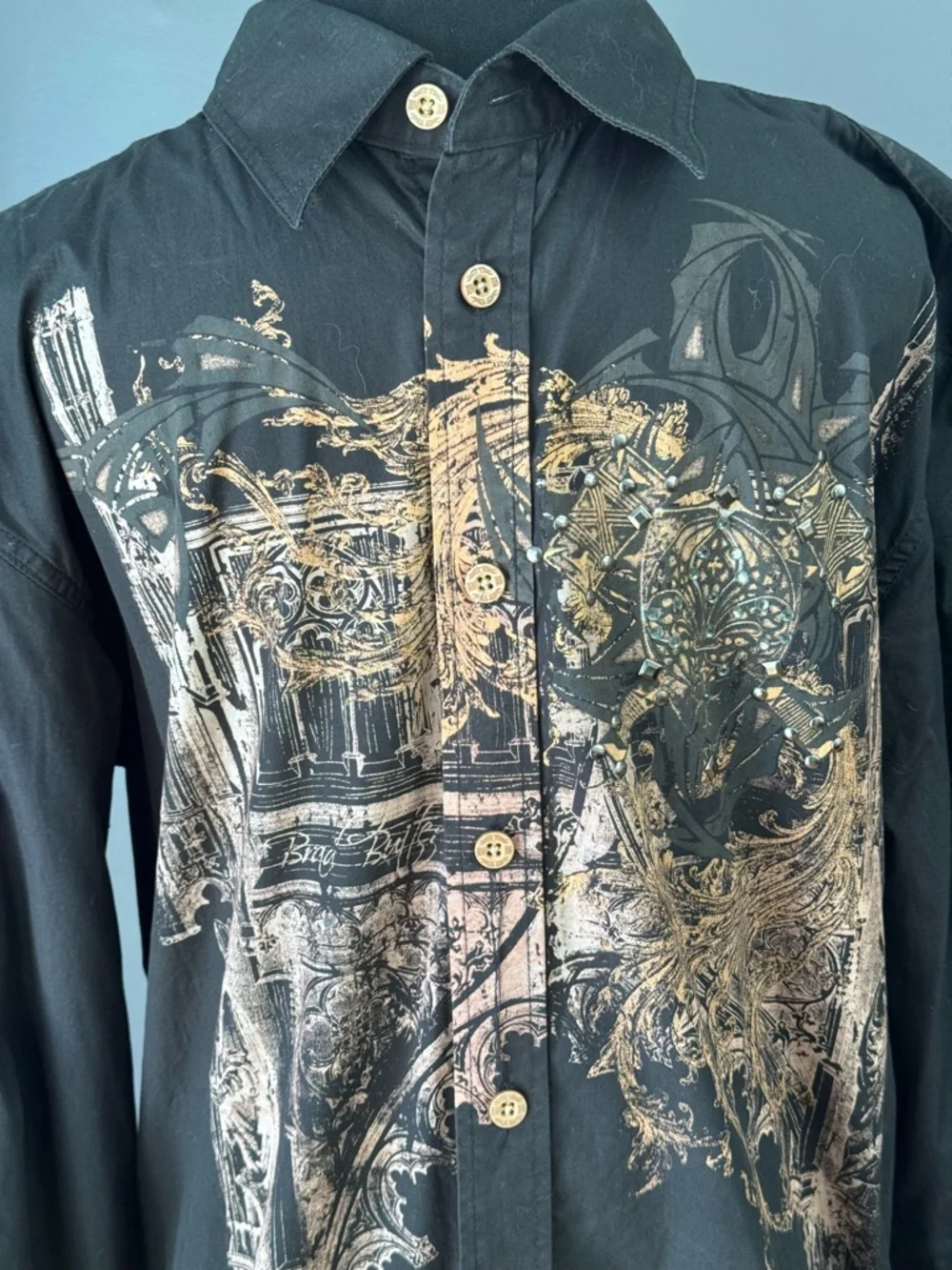 Brad Butter Black Graphic Button Up Mens Large Y2K Crest Shirt Streetwear - Picture 2 of 7